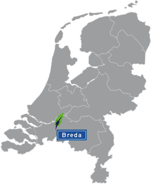 Grijze kaart van Nederland met Breda aangegeven voor maatwerk taalcursus Engels zakelijk - blauw plaatsnaambord met witte letters en Dagnall veer - transparante achtergrond - 600 * 733 pixels